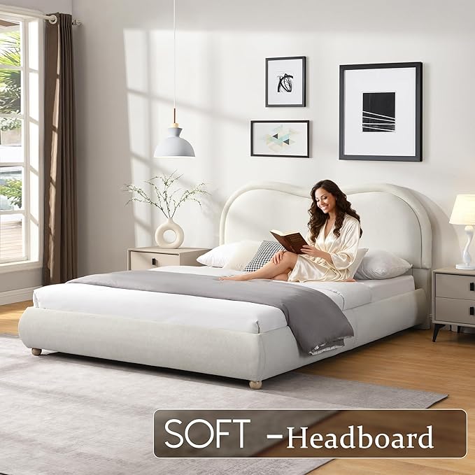 Queen Size Upholstered Platform Bed Frame, Modern Cloud Bedframe with Headboard, Low Profile Bed Floor Bed Frames with Soft Rounded Corners, No Box Spring Required, Easy Assembly, Chenille Cream