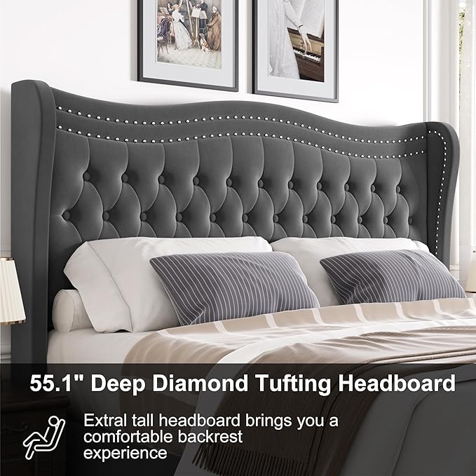 Upholstered Full Size Bed Frame with Tall Headboard, Velvet Wingback Platform Bed Frame with Deep Button Tufted, No Box Spring Needed, Noise Free, Grey