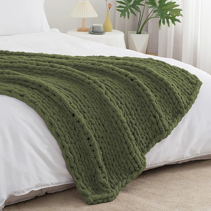 Chunky Knit Throw Blanket 60"X 80", 100% Handmade with Soft Chenille Yarn, 6.7lbs Thick Cable Knitted Blankets, Large Rope Knot Crochet Throws for Couch Sofa Bed Home Decor, Olive Green
