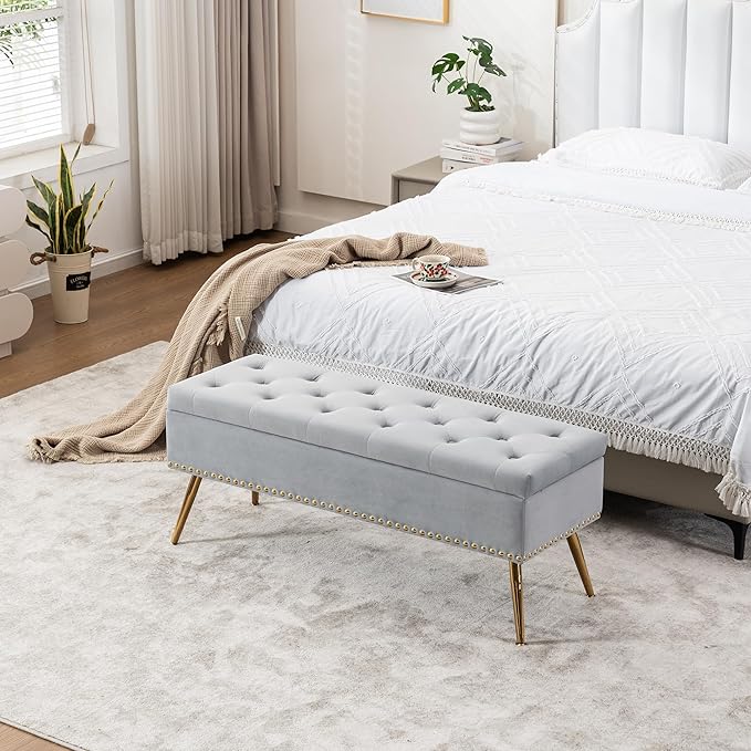 Velvet Storage Bench with Gold Legs& Nailhead Trim, 46" Wide Upholstered Modern Bedroom Bench for End of Bed, Tufted Ottoman for Entryway Living Room Dining Room (Gray, 46" Wide)