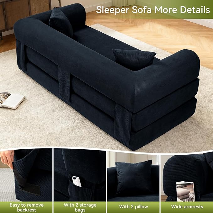 Convertible Sofa Bed,80" Folding Sleeper Sofa Bed Queen with Pillows & Storage,Corduroy Pull Out Couch Boneless Couches for Living Room,Compressed Couch in a Box,Deep Blue