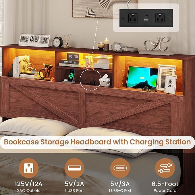 VIAGDO Farmhouse Bed Frame Full Size with Bookcase Storage Headboard, Charging Station and LED Lights, Wooden Full Bed Frame with 4 Drawers, Barn Door Design, No Box Spring Needed, Reddish Brown