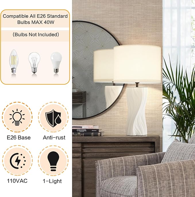 White Ceramic Table Lamps 21.5In Modern Plug in Table Lamp Bedroom Bedside