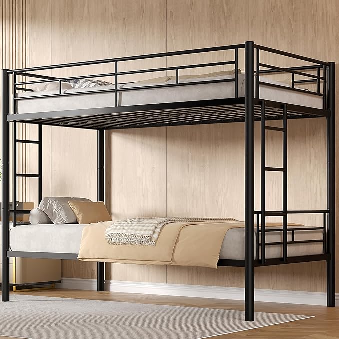 VECELO Bunk Bed Twin Over Twin, Metal Bunkbeds with Ladder and Full-Length Guardrail, No Box Spring Needed, Space Saving, Noise Free, Black