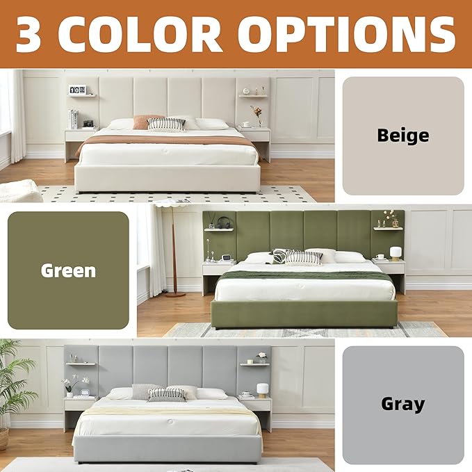 King Bed Frame with Storage & Built-in Nightstands, Velvet Upholstered Platform Bed Frame with Drawers & 2 Floating Storage Shelves, Noise-Free, No Box Spring Needed, Easy Assembly, Green