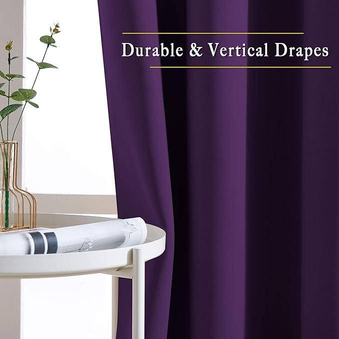NICETOWN Blackout Royal Purple Curtains 90 inch Length - Triple Weave Energy Saving Thermal Insulated Solid Grommet Blackout Draperies for Bedroom/Living Room (1 Pair, W52 x L90)