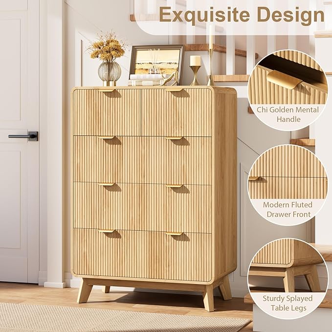 QUW Fluted Dresser for Bedroom with 5 Drawers, Modern 40.2" Tall Drawer Dressers with Metal Handle, Wooden Chest of Dresser for Living Room, Hallway, Natural Oak