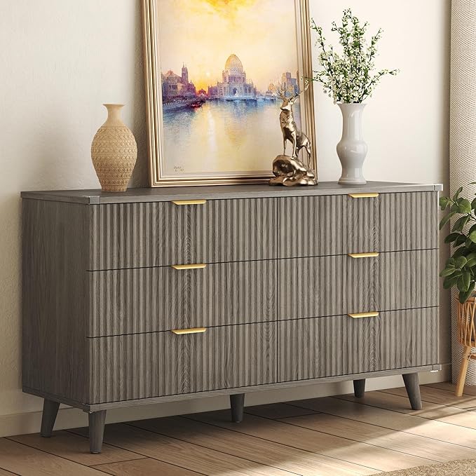 Lulive Wood Dresser for Bedroom with 6 Drawers, 53.2" Long Fluted Modern Chest of Drawers Storage Organizer, Dressers TV Stand for Living Room, Closet, Hallway (Dark Grey Oak)