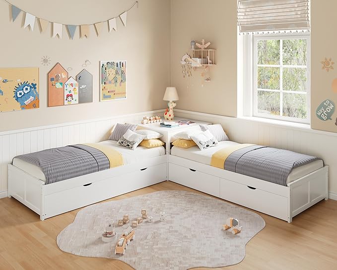 AMERLIFE L-Shaped Twin Trundle Bed with Flip-Top Storage Desk, Space-Saving Solid Wood Platform Bed Frame, White Finish, Multi-Functional Twin Bed for Kids and Families