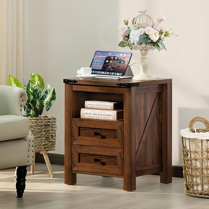 Joaxswe Nightstands Set of 2 with Charging Station, Farmhouse Side End Table with 2 Drawers and Open Shelf, Wood Rustic Sofa Table, Bedside Cabinet for Bedroom, Living Room, Closet, Office(Brown)