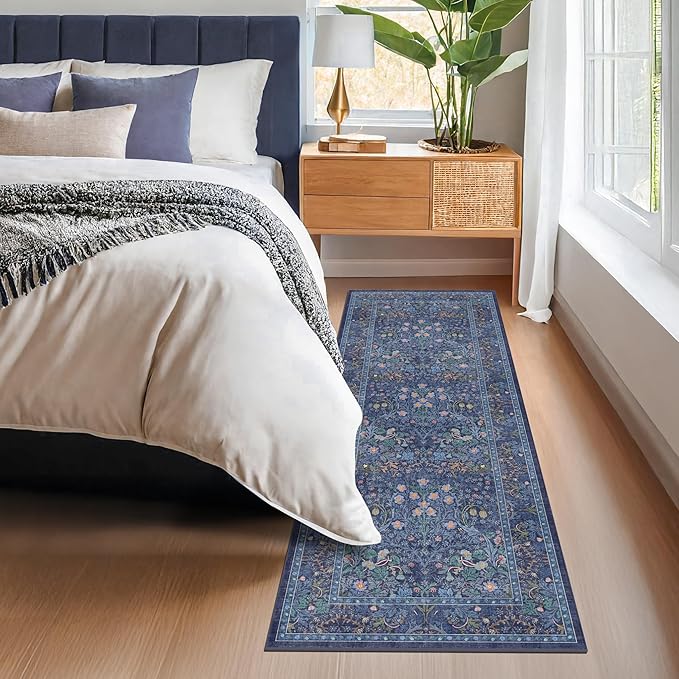 Non Slip 2x7 Dark Blue Kithen Runner Washable - Long Runner Rugs for Hallway, Bathroom, Bedroom Bedside - Dusky Navy Vintage Floral Décor