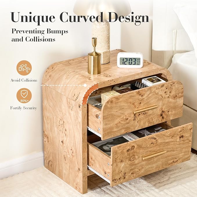 Night Stand [Unique Curved Profile] [FSC-Certified Wooden Board] 2-Drawer Nightstand 24" H Metal Handle Modern Sturdy Bedside Table Side Table End Table