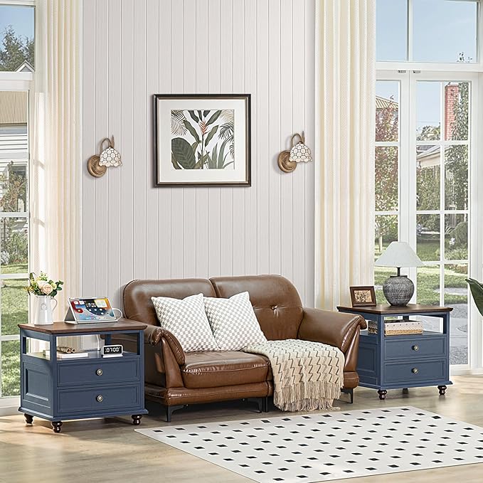 Farmhouse Nightstand with Charging Station, 24" Wide End Table with 2 Drawers, Blue Dresser for Bedroom, Bed Side Table Chest of Drawers Cabinet,Wood Night Stand for Living Room, Closet