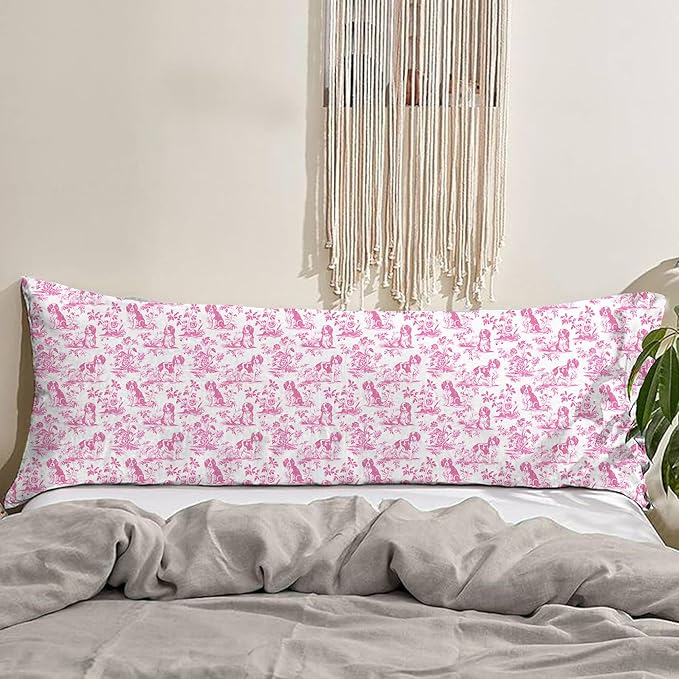 Pink Chinoiserie Cavalier King Charles Spaniel Dog 20x54 Body Pillow Cover with Zipper,Grandmillennial Pink French Country Cavalier Dog Decorative Body Pillow Cases for Bed Couch