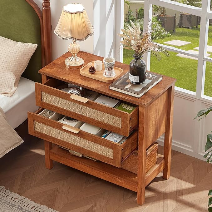 LEYAOYAO 31.5" Wide Rattan Night Stand, Large Boho Nightstand, Bedside Table with Storage, Tall Bed Side End Tables, Chest of Drawers for Bedroom, Living Room, Hallway（Brown,2 Drawers,2）