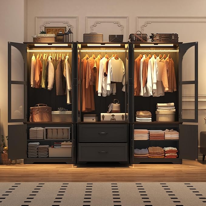 Tall Farmhouse 6 Doors Armoire Wardrobe Closet with LED ,72" Freestanding Arched Wardrobe Closet Cabinet for Bedroom w Glass Doors/Drawers,Wooden Clothing Storage Cabinet,Closets for Bedroom(Black)