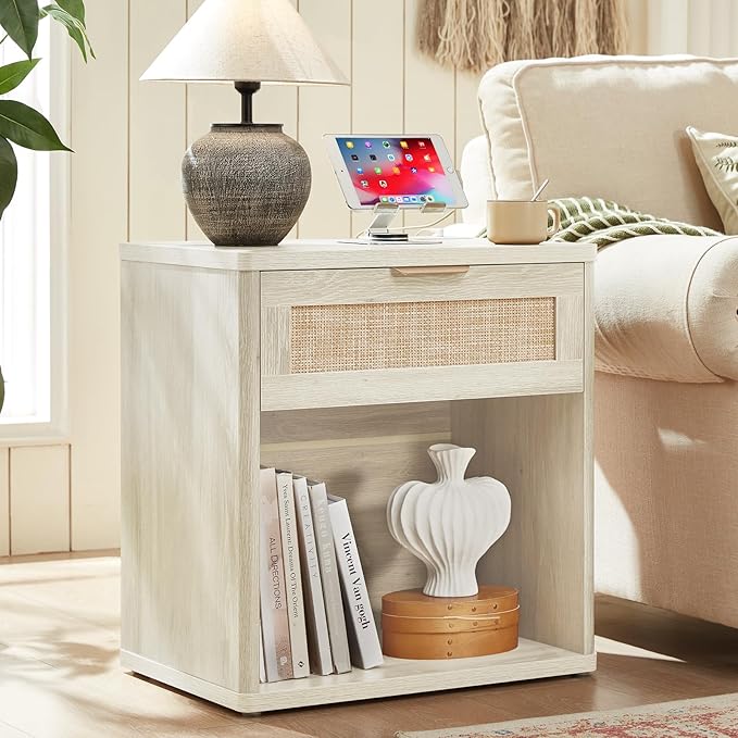 LEYAOYAO Rattan Dresser and Nightstand Set of 2, Boho Wood Dresser for Bedroom with 6 Drawers and Night Stand with Charging Station, Bedroom Furniture, Dressers & Chests of Drawers,Living Room,Hallway