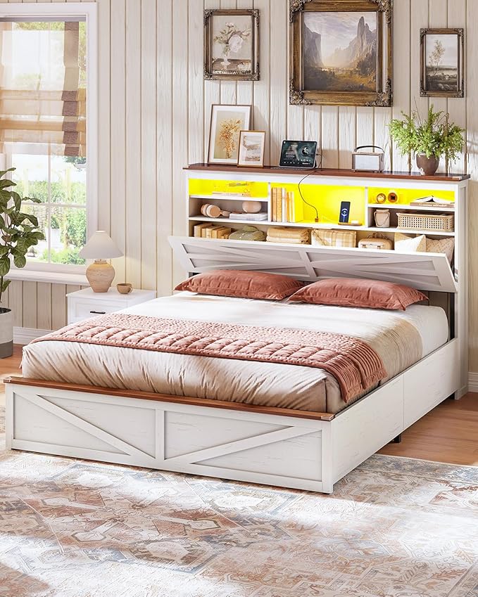 AOGLLATI Farmhouse Bed Frame Queen Size with Lift Up Storage & Hidden Bookcase Storage Headbord, Wood Queen Bed Frame with Charging Station, Led Lights, No Box Spring Needed, Antique White
