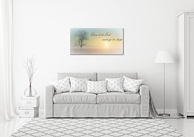 Misty Sunset & Tree Plant Picture For Bedroom Above Bed,Large White Country Wood Sign For Bathroom Canvas Wall Art,Give It To God And Go To Sleep Artwork Decor,Gallery Wrapped Gift,Inner Frame(30x60)