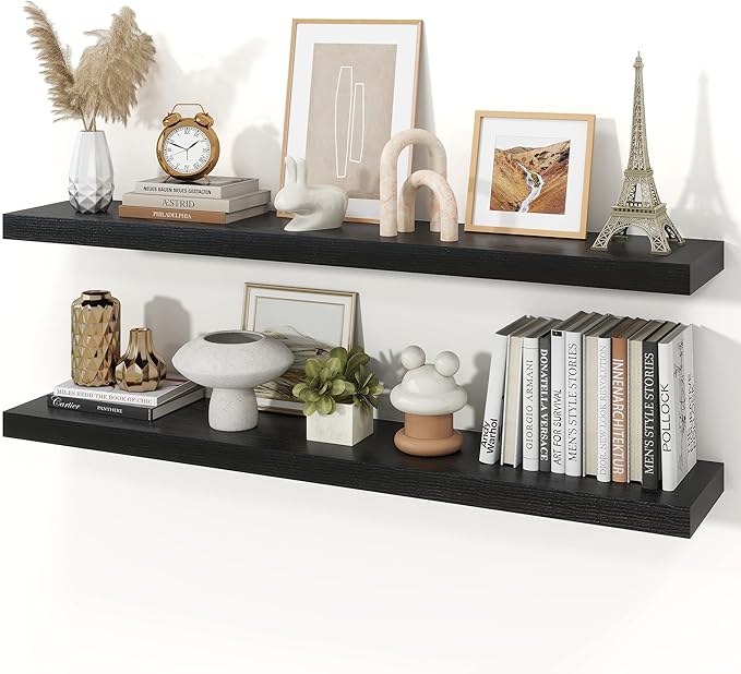 Floating Shelves for Wall, 9.3" Deep Wall Mounted Wood Shelves for Bathroom, Bedroom, Living Room, Kitchen, Hanging Shelf for Books/Storage/Room Decor (Black, 48")