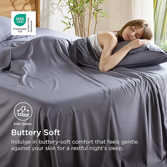 Bedsure King Size Sheets Set, Cooling Sheets for Hot Sleepers, Rayon Derived from Bamboo, Breathable & Soft, Deep Pocket Up to 16 Inches, Hotel Luxury Silky Bedding, Dark Grey