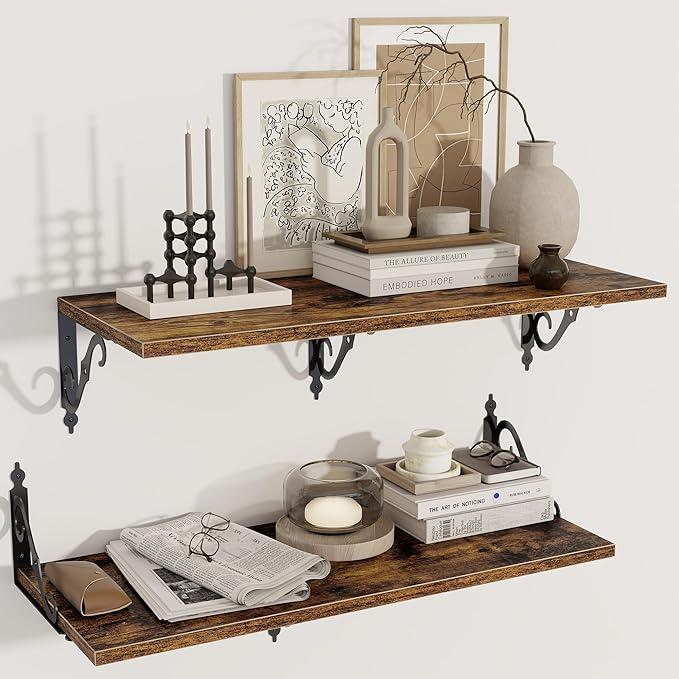 Dreamland Deep Floating Shelves, 31" W x 12" D Wall Shelves Set of 2, Wide Display Shelf Wall Mounted with Brackets, Bookshelf for Living Room, Bathroom, Bedroom, Rustic Brown