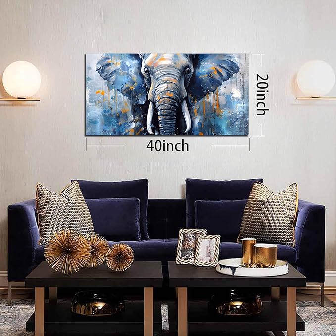 ENTANUB Elephant Wall Art for Lving room, Animal Canvas Wall Decor for Bedroom, Blue Picture Print Arwork, Size 20x40 Inches