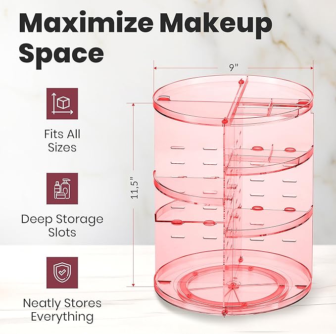 Masirs 360 Rotating Makeup Organizer - Adjustable Shelf Height and Fully Rotatable - The Perfect Round Spinning Cosmetic Organizer for Bedroom Dresser or Vanity Countertop Storage (Pink)