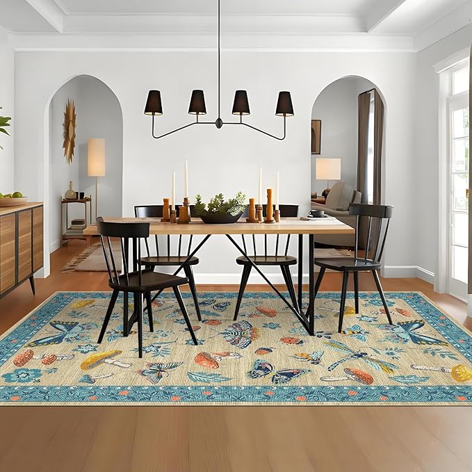 Mushroom Insect 8x10 Area Rugs, Washable Rugs for Living Room Non Slip Stain Resistant Low Pile Modern Butterfly Carpet for Bedroom Dining Room Nursery Playroom Office, Khaki Blue