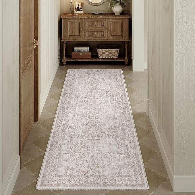 Light Brown Runner Rug 3x7 Hallway Machine Washable Kitchen Vintage Distressed Non Slip Long Carpet Indoor Retro Floral Bedroom Accent Throw Rug for Bathroom Office Laundry Dining Room