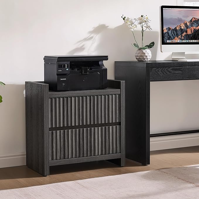 SICOTAS Night Stand Set of 2-Fluted Nightstands with Charger Station-Large Nightstand Bedside Table End Table with 2 Drawers, 25" Wide Mid Century Modern Night Stands for Bedroom-Black Oak