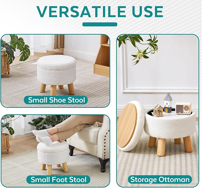 FIMIVIBI Small Ottoman with Storage, Small Storage Ottoman Round, Sherpa Foot Stool with Legs, Ottomans and Footstools for Living Room and Entryway (White)