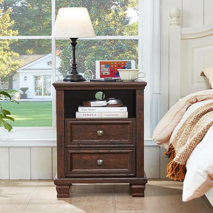 SAVOR LIFE Farmhouse Nightstand with Charging Station, Rustic Brown Nightstand, 2 Drawers End Table, Bedside Table with Open Shelf for Bedroom, Walnut