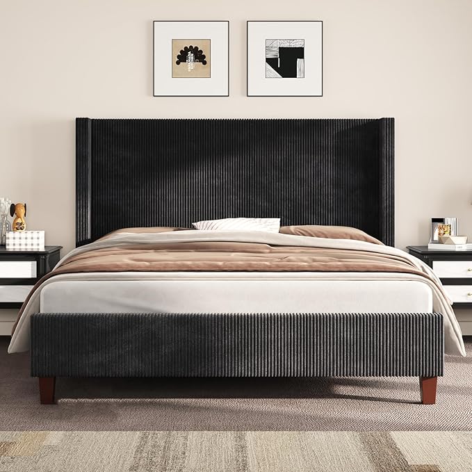 AMERLIFE Queen Size Upholstered Bed Frame with 50.8" Tall Headboard, Wingback Platform Bed with Solid Wood Legs, Wooden Slats, Corduroy/No Box Spring Needed/Noise Free/Black