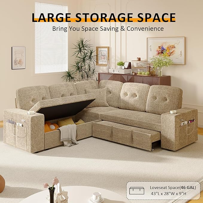 Modular Sectional Sleeper Sofa with Pull Out Bed, L Shaped 5 Seat Sectional Couches for Living Room, 84 Inch Sofa Bed with Adjustable Backrest | Hidden Storage | Wide Armrest | Khaki