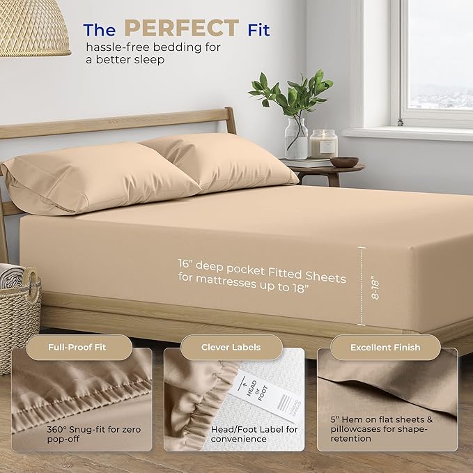 THREAD SPREAD 400 Thread Count King Cotton Sheets - 4 PC King Size Bed Sheet Set Cotton (Taupe), Soft, Cooling, Hotel-Quality 16" Deep Pocket Sateen Bedsheet for Hot Sleepers (Fits 18" Mattress)