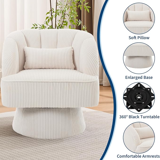 GarveeHome Modern Swivel Barrel Accent Chair, 360° Velvet Upholstered Armchair with Striped Backrest & Plush Padding, Comfy Round Lounge Chair (1, Beige + Corduroy)