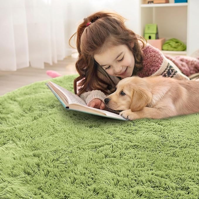 OLANLY Grass Green Round Rugs for Bedroom - Machine Washable, 9 ft Circle Area Rugs for Living Room, Soft and Fluffy Shaggy Carpet for Teen Girls and Boys, Nursery Rooms, Dorms, Home Decor Aesthetic