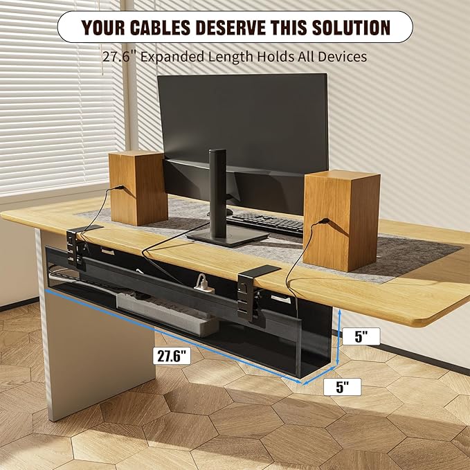 No Drill Under Desk Cable Management Tray, Nonkky Cable Management Under Desk, 27.6" Fabric Cord Hider - Clamp/Screw Mount, Cord Organizer for Office, Home - Supports Up to 40lbs