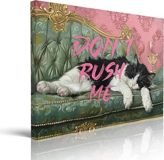 Pveror Funny Cat Wall Art Canvas Dont Rush Me Sleeping Black White Cat Painting Vintage Sofa Style Humorous Decor for Living Room Bedroom Office Pet Lover Gift Modern Home Decor 12x16 Inches