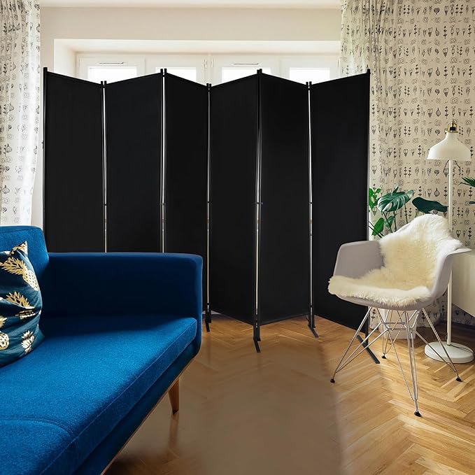 Large 6 Panel Freestanding Folding Room Divider with Support Base, 10FT Wide 6FT Tall Privacy Screen Partition Room Dividers with Freely Combined Connector, 119"x71", Black