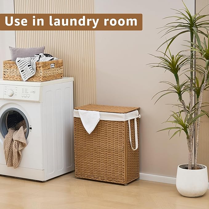 Slim Wicker Laundry Hamper with Lid, 75L Handwoven Rattan Basket with Handles, Narrow Laundry Basket with Removable Liner Bag & 2 Mesh Bags