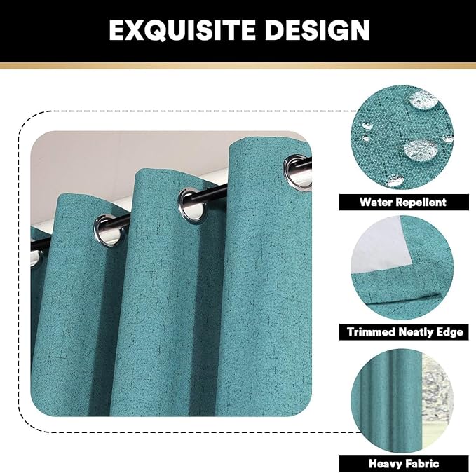 PrinceDeco 100% Blackout Curtains Linen Curtain for Sliding Glass Door Extra Wide Patio Door Curtains for Sliding Glass Door Room Divider for Bedroom/Living Room,W100 X L108, Teal Blue