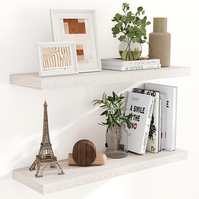 Fun Memories Floating Shelves for Wall, 36 x 9.3 Large Floating Shelf Wall Mounted Set of 2, Rustic Wood Shelves for Bathroom, Kitchen, Living, Heavy-Duty Storage Deep Shelf for Books, Decor, Brich