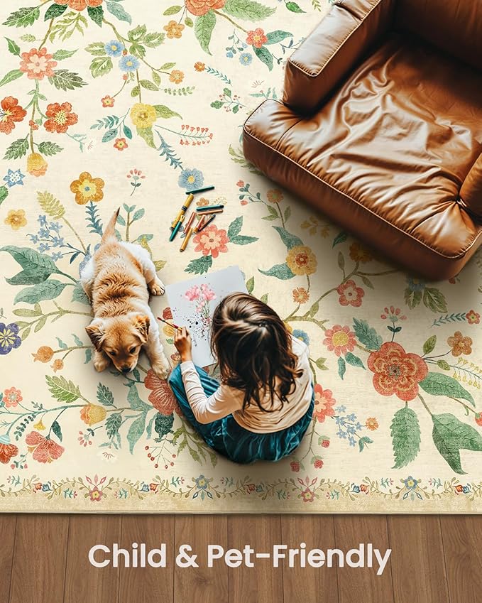 Amada 2x6 Washable Runner Rug, Non-Slip & Low-Profile Kitchen Area Rug with Durable Edge Binding, Boho Floral Pattern, Soft Long Entryway Runner Rugs for Bedroom & Hallway