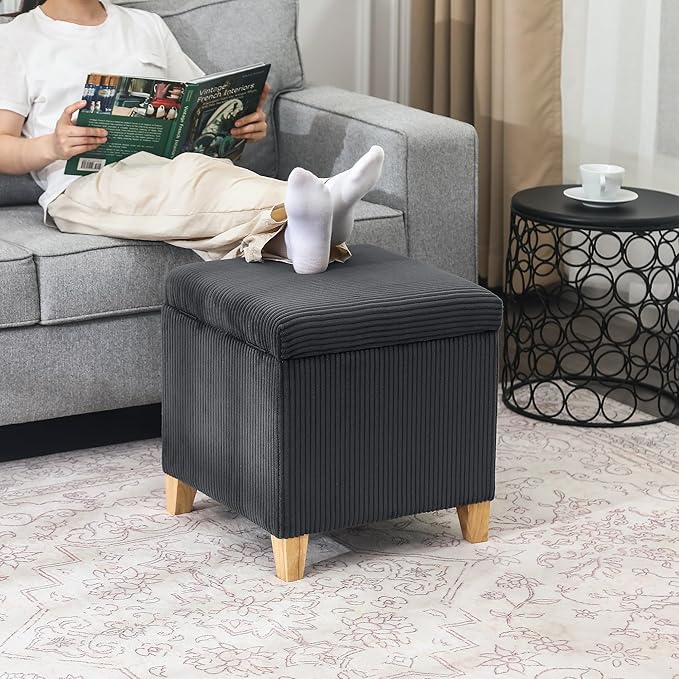 Adeco 18 Inch High Faux Fur Grey Cube Ottoman Storage, Fluffy Striped Velvet Chair Foot Stools, Small Bench Upholstered Vanity Stool with Hinged Lid, Solid Wood Legs