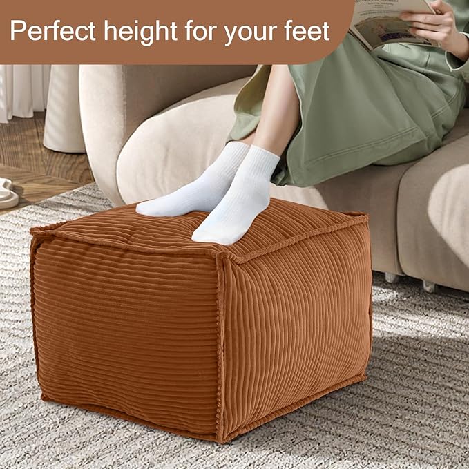 MeMoreCool Stuffed Pouf Ottoman Foot Rest Square, Corduroy Floor Pouf Foot Stool with Foam Chunk Filling, Soft Stuffed Ottoman Footrest for Living Room, Coffee
