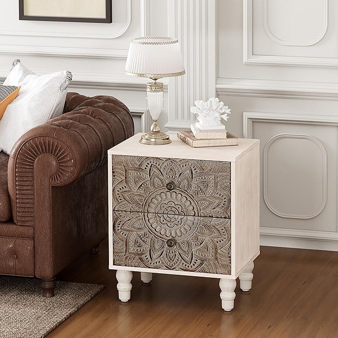 COSIEST Vintage Nightstand, 18" Wide Wood Small Bed Side Table with 2 Drawers, Accent Bedside Table, Bedroom Furniture for Home, Office (Lotus Pattern)