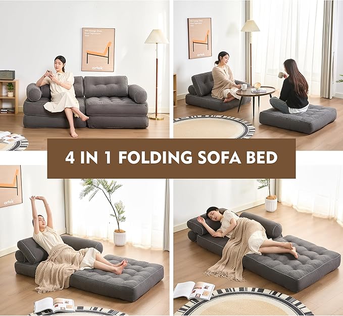 Plus Futon Sofa Bed for Small Spaces, Floor Couch with Armrest, Folding Sofa Couch, Convertible Sleeper Chair Bed with Pillow, Portable Comfy Floor Lounge for Living Room and Bedroom, Grey