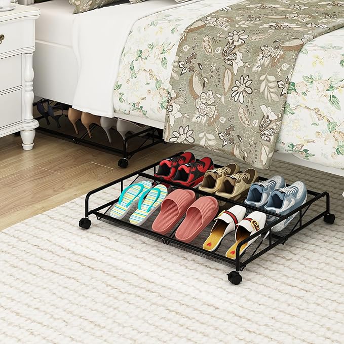 Under Bed Shoe Storage Organizer, Metal Mesh Under Bed Storage Containers with Wheels, Shoe Organizer Drawer Space Saving for Bedroom, 1 Pack